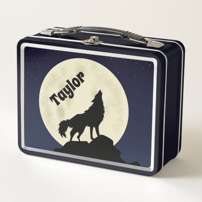 Wolf Howling auf dem Mond Illustration Personalisi Metall Brotdose (Vorderseite)