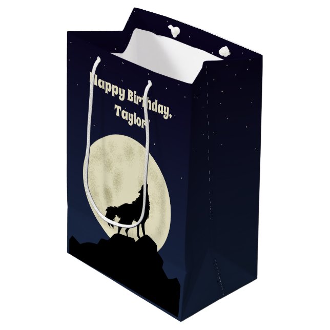 Wolf Howling auf dem Mond Illustration Personalisi Mittlere Geschenktüte (Vorderseite Schrägansicht)