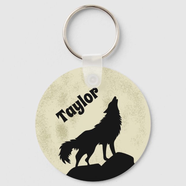 Wolf Howling auf dem Mond Illustration Personalisi Schlüsselanhänger (Vorderseite)