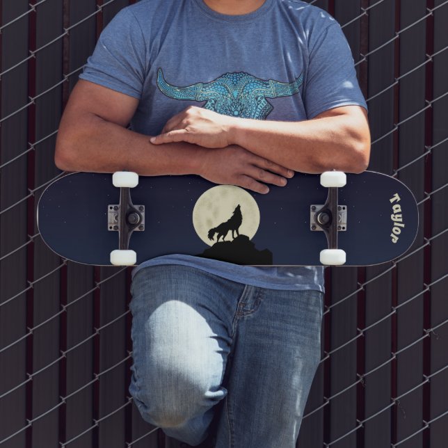 Wolf Howling auf dem Mond Illustration Personalisi Skateboard (Außenbereich 3)