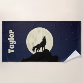 Wolf Howling auf dem Mond Illustration Personalisi Strandtuch