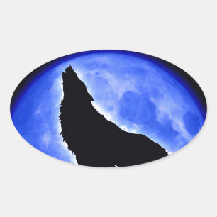 Wolf Howling auf dem Mond Ovaler Aufkleber