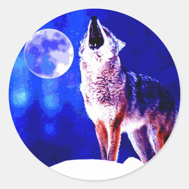 Wolf Howling auf dem Mond Runder Aufkleber (Vorderseite)