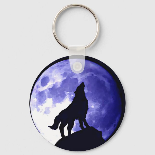 Wolf Howling auf dem Mond Schlüsselanhänger (Vorderseite)