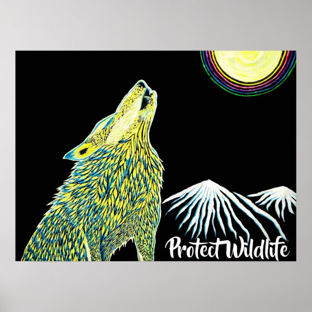 Wolf Howling auf dem Mond schützt Wildtiere Poster (Vorne)