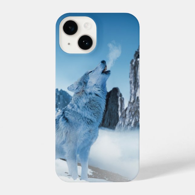Wolf Howling auf einem Schneeberg im Winter iPhone 14 Hülle (Rückseite)