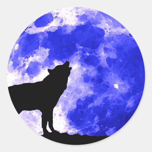 Wolf Howling bei Moon Blue Night Runder Aufkleber (Vorderseite)