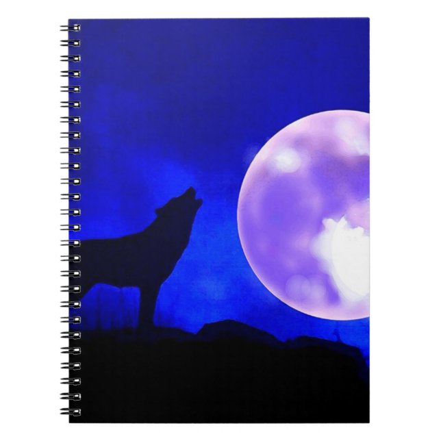 Wolf Howling bei Moon in Blue Night Notebook Notizblock (Vorderseite)