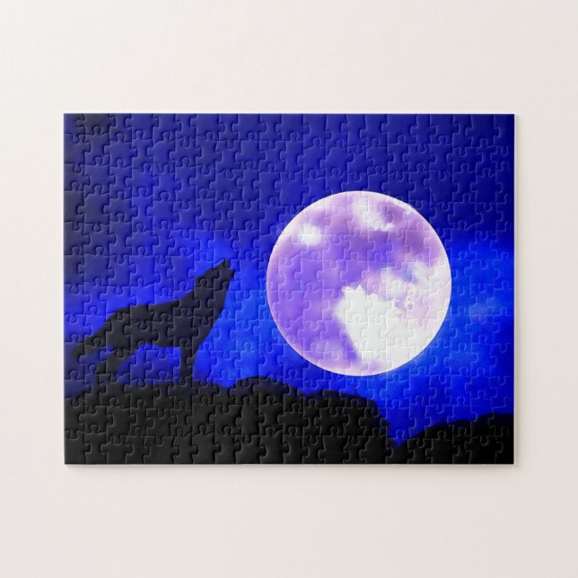 Wolf Howling beim Moon Blue Night Artwork Tierart (Horizontal)