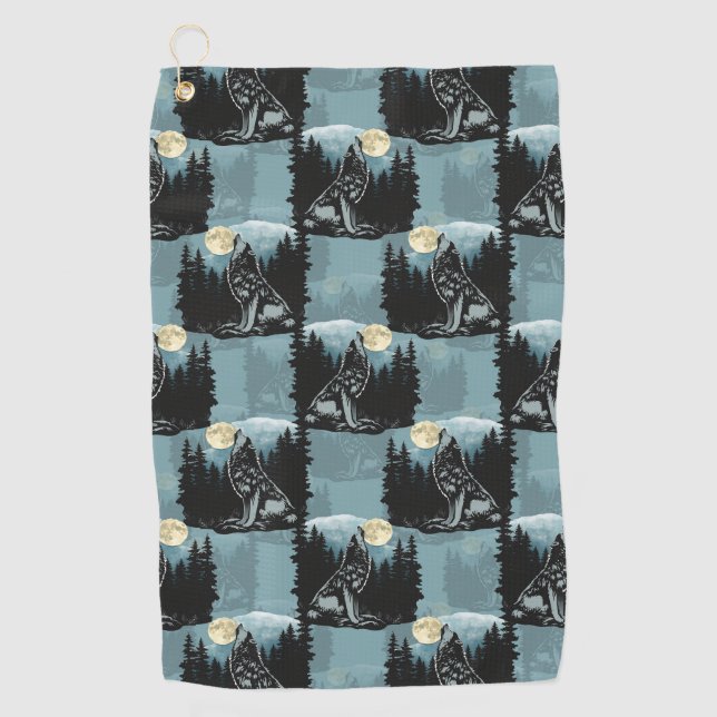 Wolf Howling beim Moon-Muster-Design Golfhandtuch (Vorderseite)