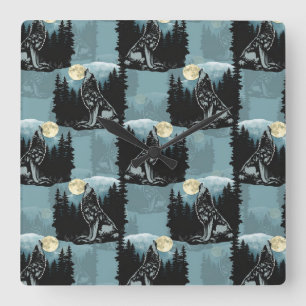 Wolf Howling beim Moon-Muster-Design Quadratische Wanduhr