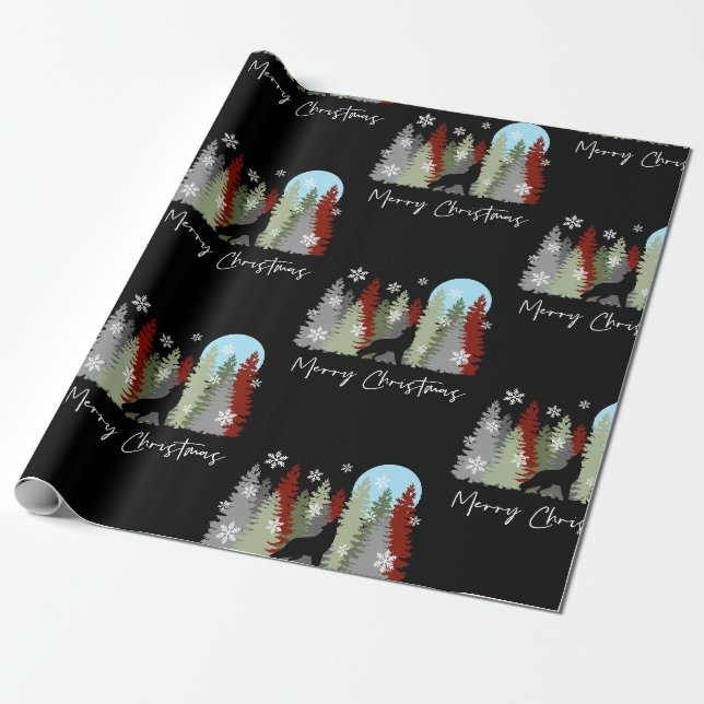 Wolf Howling im Wald frohe Weihnachtsbaumen Geschenkpapier (Ungerollt)