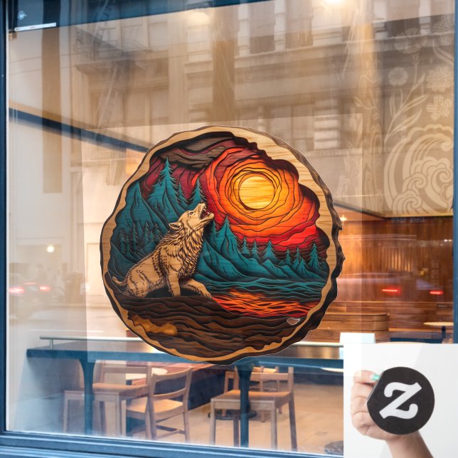 Wolf Howling Imitate Wood Carving Wild Nature Fensteraufkleber (Café-Fenster)