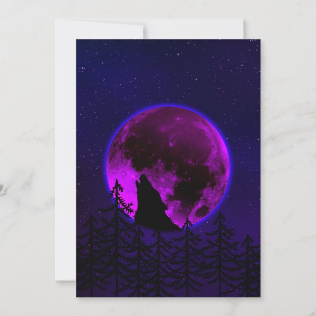 WOLF HOWLING MOON MAGENTA FEIERTAGSKARTE (Vorderseite)