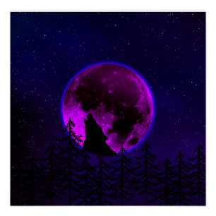 WOLF HOWLING MOON MAGENTA POSTER