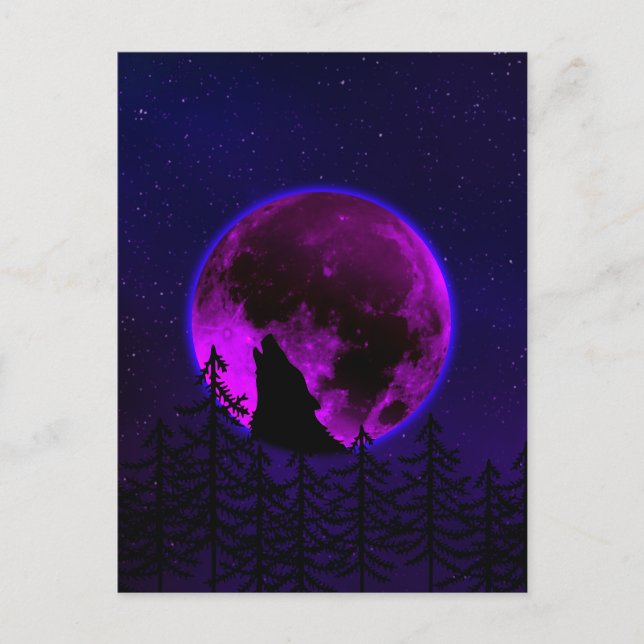 WOLF HOWLING MOON MAGENTA POSTKARTE (Vorderseite)
