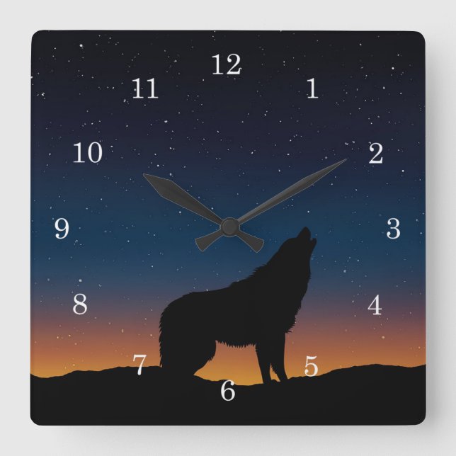 Wolf Howling Silhouette bei Sunset Wall Clock Quadratische Wanduhr (Vorderseite)
