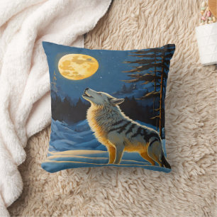 Wolf Howling unter Vollmond im Winter Landschaft Kissen