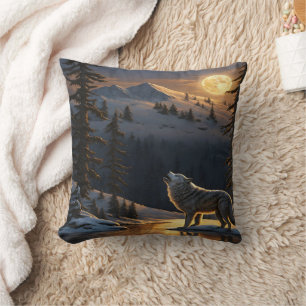 Wolf Howling unter Vollmond im Winter Landschaft Kissen
