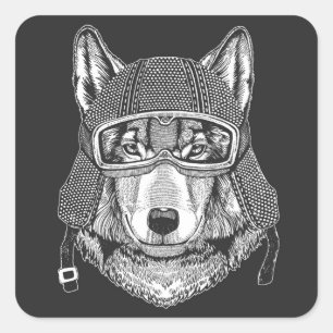 Wolf Hund Motorradfahrer Quadratischer Aufkleber