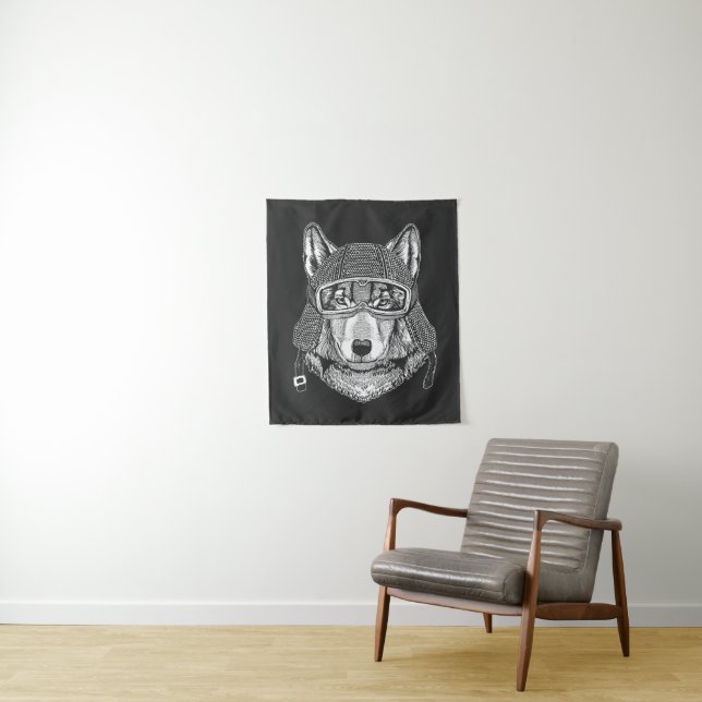 Wolf-Hundemotorrad-Reiter Wandteppich (Beispiel)