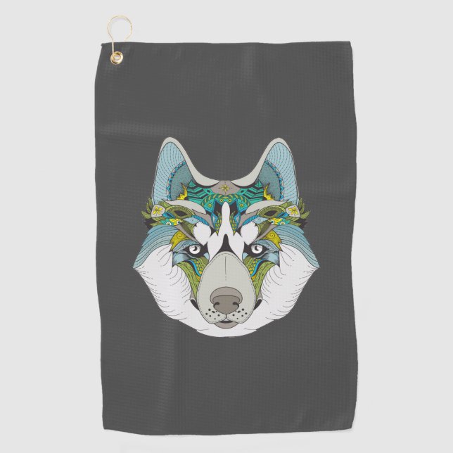 Wolf Husky schmückt grünblau Golfhandtuch (Vorderseite)