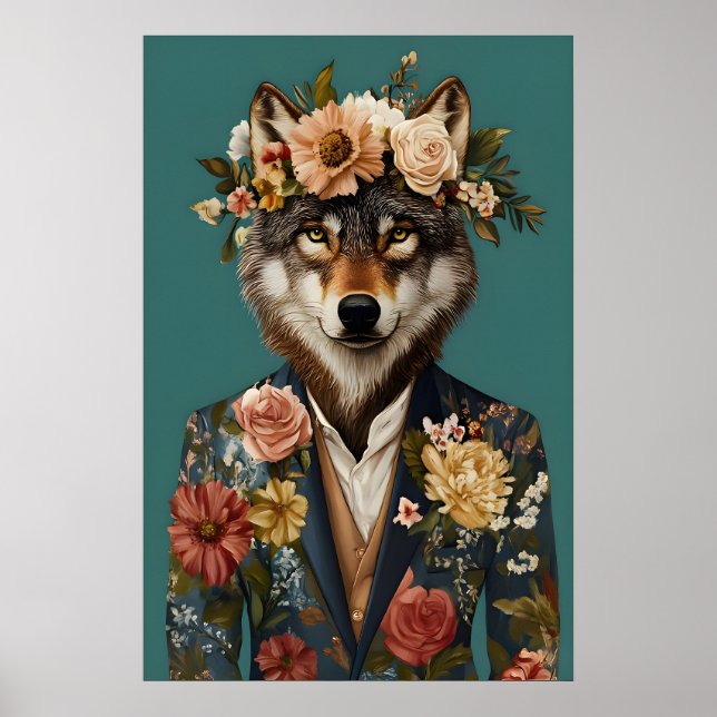 Wolf im Anzug Poster, Wolf Portrait, Wolf Öl Poster (Vorne)