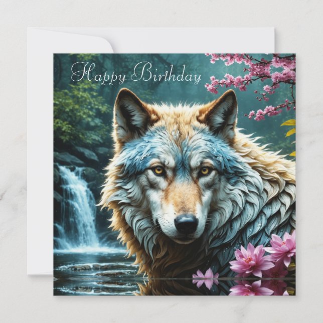 Wolf im Fluss Stehend mit Blume Geburtstag (Vorderseite)