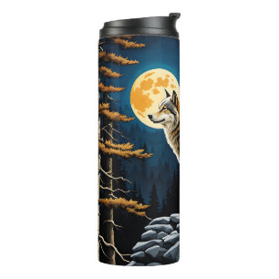 Wolf im Wald mit gelbem Mond Thermosbecher
