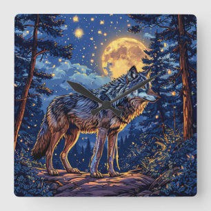 Wolf im Wald Quadratische Wanduhr