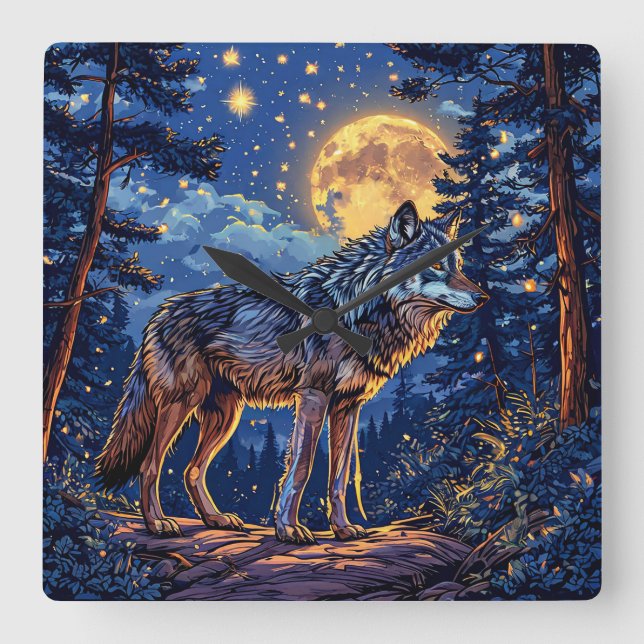 Wolf im Wald Quadratische Wanduhr (Vorderseite)
