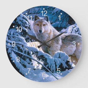 Wolf im Winter Waldmalerei Große Wanduhr