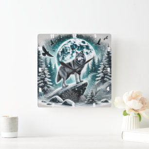 Wolf im Winterwald unter dem Moonlit Sky Quadratische Wanduhr