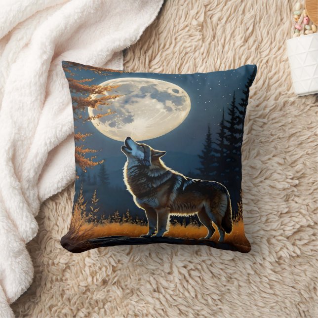 Wolf in der Nacht unter Vollmond Kissen (Decke)