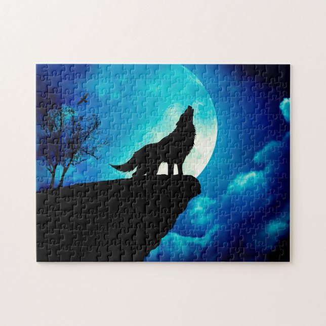 Wolf in der Silhouette heult auf Vollmond (Horizontal)