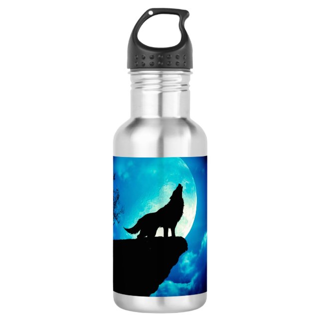 Wolf in der Silhouette heult auf Vollmond Edelstahlflasche (Vorderseite)