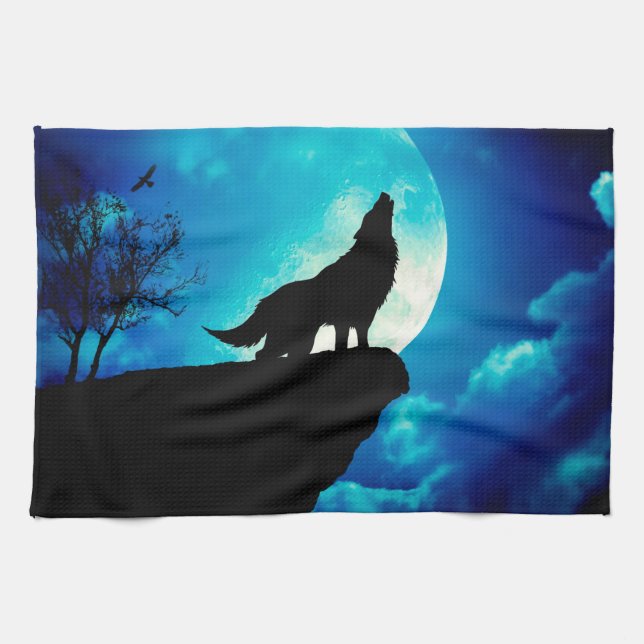 Wolf in der Silhouette heult auf Vollmond Geschirrtuch (Horizontal)