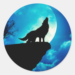 Wolf in der Silhouette heult auf Vollmond Runder Aufkleber