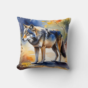 Wolf in einem Aquarellbild Kissen