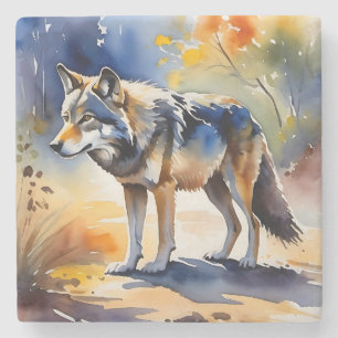 Wolf in einem Aquarellbild Steinuntersetzer