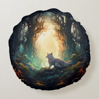 Wolf in einem geheimnisvollen Wald rund Kissen