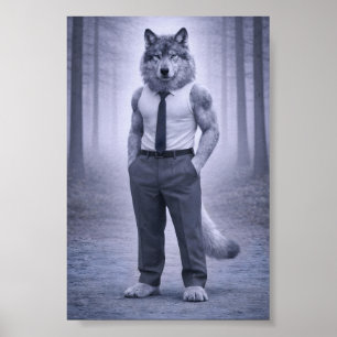 Wolf in minimaler formaler Kleidung – Stiller Wald Poster