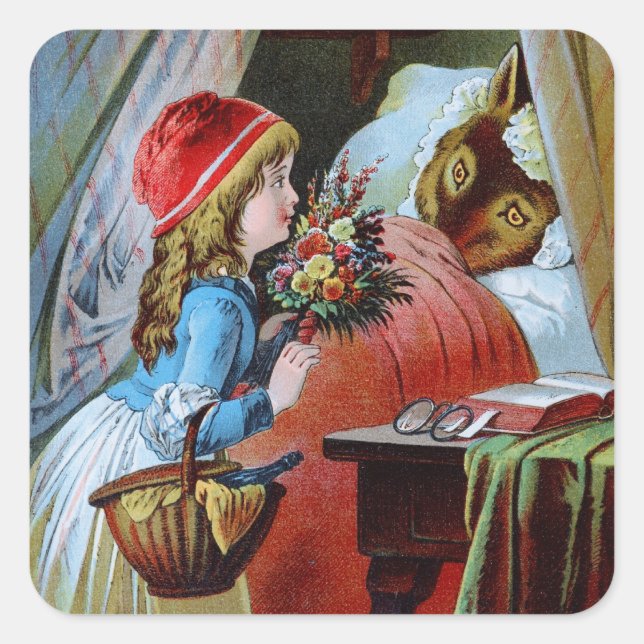 Wolf in Oma Bed Quadratischer Aufkleber (Vorderseite)