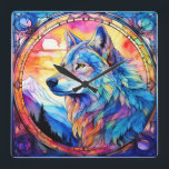 Wolf in Stained Glass  Quadratische Wanduhr<br><div class="desc">A beautiful wolf with her sights on the mountains and the sunset behind her in stained glass motif.</div>