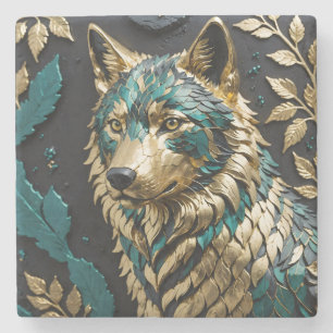 Wolf in Türkis und Gold mit Blättern Steinuntersetzer