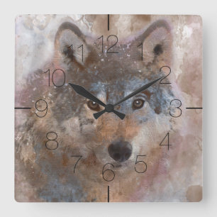 Wolf in watercolor quadratische wanduhr