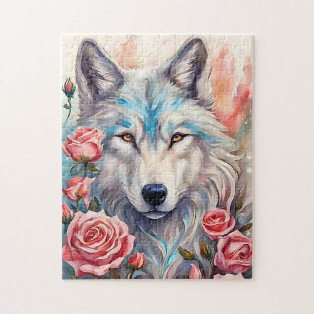 Wolf Kopf rosa Rosen Tiermalerei (Vertikal)