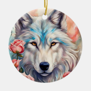 Wolf Kopf rosa Rosen Tiermalerei Keramik Ornament