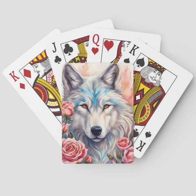 Wolf Kopf rosa Rosen Tiermalerei Spielkarten (Rückseite)