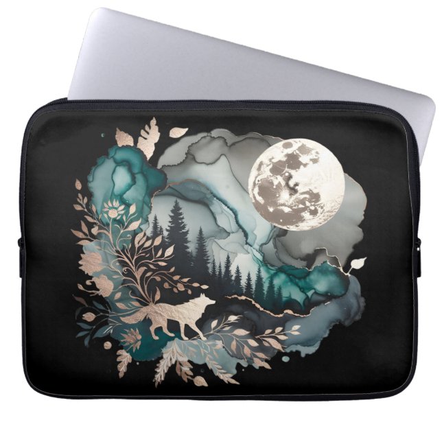 Wolf Landscape & Moon Aquamarin Gold Laptopschutzhülle (Vorderseite)